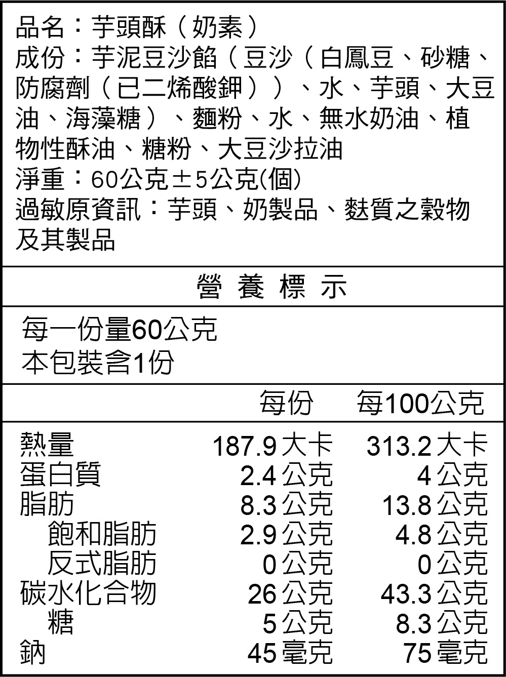 芋頭酥(奶素)營養標示