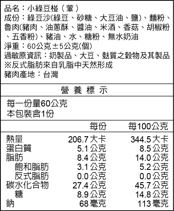 小綠豆椪(葷)營養標示