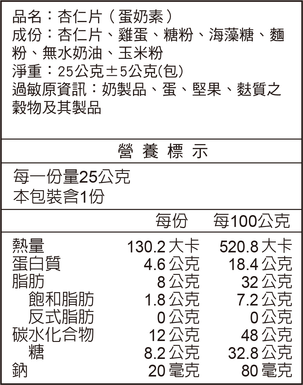 杏仁片(蛋奶素)營養標示