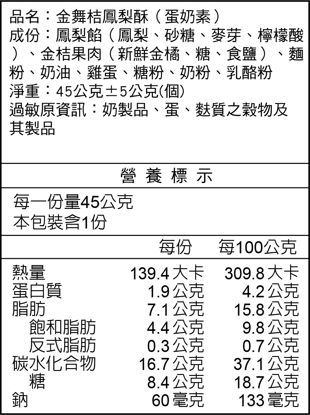 金舞桔鳳梨酥(蛋奶素)營養標示