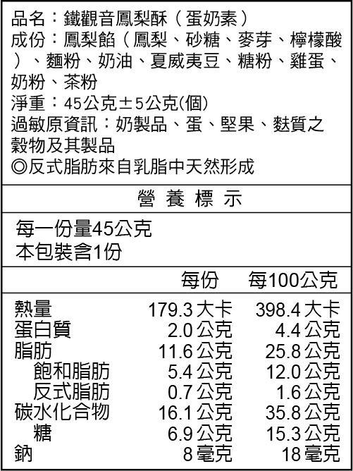 鐵觀音鳳梨酥(蛋奶素)營養標示